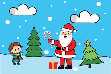 Santa Claus Handing Gifts to Children in a Snowy Winter Forest