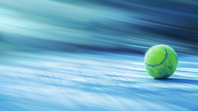 Tennis ball in motion with blurred lines, dynamic background, and clear copy space for action-packed sports designs.