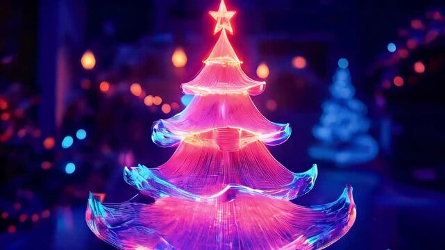 Futuristic, holographic figure of Christmas tree, created with glowing neon wireframe lines.