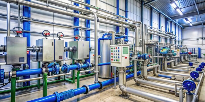 Wastewater treatment facility with water pipes, manometer indicators, sensors, sampler, and rotameters