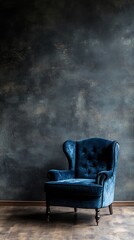 A blue velvet armchair against an abstract dark gray wall, creating a dramatic and elegant.