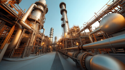 Fototapeta premium Large industrial oil refinery with intricate network of metal pipes and towering structures under a clear sky during daytime, emphasizing engineering and industrial complexity