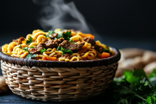 Hearty plate of Kyrgyz laghman with handpulled noodles, vegetables, and spicy lamb sauce, served in a traditional yurt setting, noodle dish, authentic cuisine