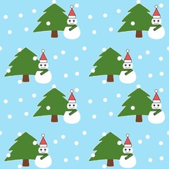 seamless pattern with christmas trees and snow and snowman