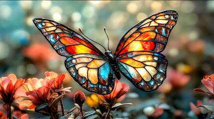 Vibrant colored stained glass artwork: butterfly and flower,