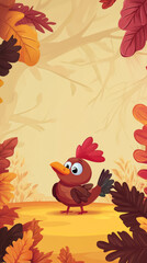 Obraz premium Cartoon chicken and Autumn leaves frame illustration vector design for greeting card,Generated By Ai