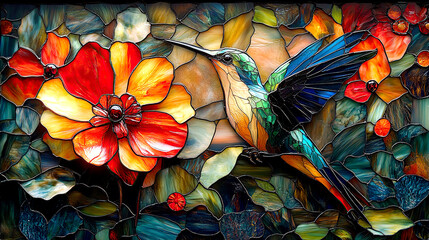 Vibrant colored stained glass artwork: a hummingbird and flower.