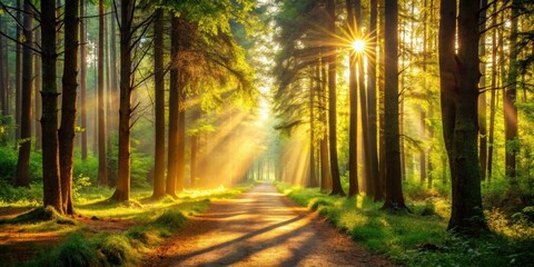 Obraz premium Sunlight filtering through the trees onto a forest path, sun beams, forest, path, nature, trees, tranquil, serene, peaceful