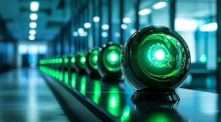 A row of spherical devices emitting a bright green light arranged on a reflective surface in a sleek, futuristic, laboratory-like environment. The spheres have a metallic, high-tech design.