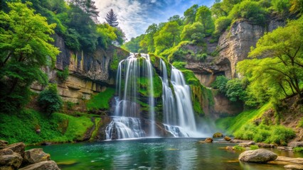 Fototapeta premium Waterfall Muchug in Azerbaijan, surrounded by lush greenery and cascading water, Azerbaijan, waterfall, nature, landscape, scenery