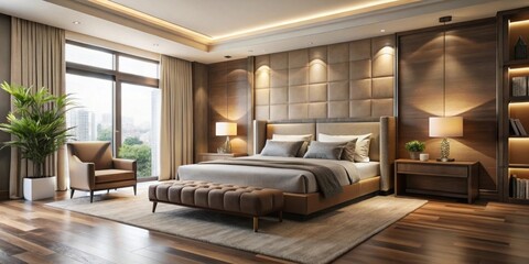 Naklejka premium Wide view of a luxury bedroom with simple earthy colors, perfect for a good night's sleep , luxury, bedroom, earthy colors