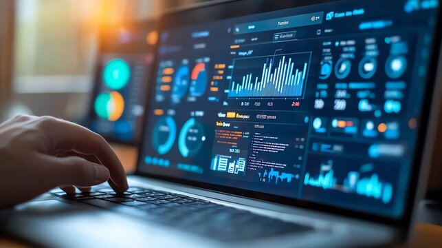 Close-up of a person using laptop with data visualization on screen.