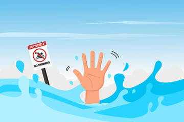 Hand of a person drowning in water reaches out to the surface to ask for help. Vector illustration.