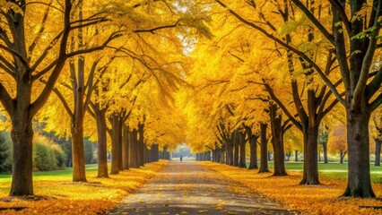 Fototapeta premium Autumn landscape in park with view of yellow trees alley in the background, fall, season, landscape, park, trees, yellow
