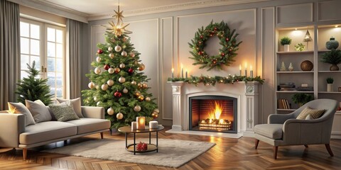 Stylish living room with fireplace and decorated Christmas tree, perfect for holiday gatherings , Christmas, interior design