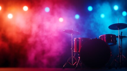 Drum set illuminated by vibrant stage lights, colorful smoke effect in the background.