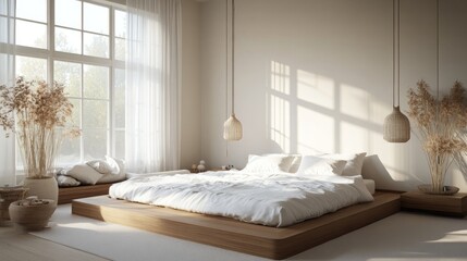 A serene bedroom with a low wooden bed
