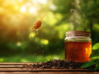 Native pepper leaf tea served with wild honey, flavorful and rustic, Pepper leaf tea, concept herbal native beverages