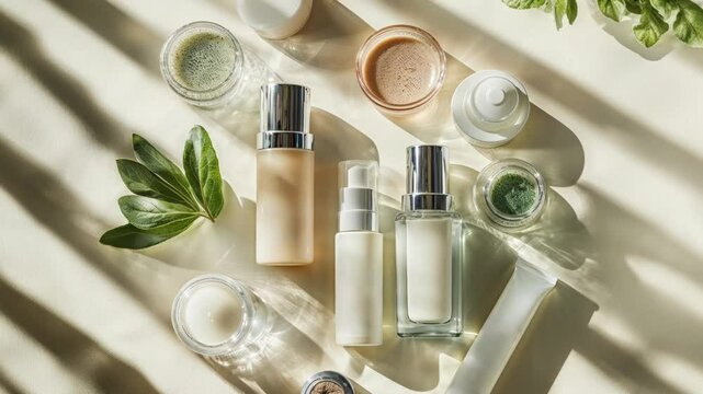 Natural Skincare Products Displayed With Green Leaves and Shadows