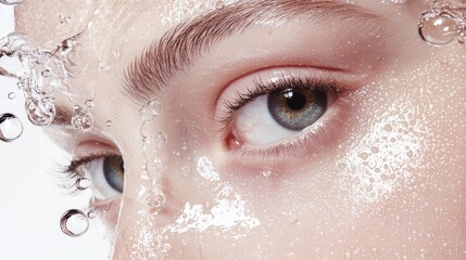An artistic beauty shot focusing on a clear eye with radiant skin, enhanced by water bubbles, conveying the essence of intense hydration and clarity.