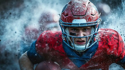 Intense football player charging through a spray of water