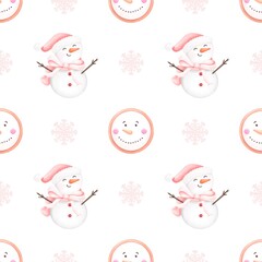 Cute snowmen , pattern illustration. Watercolor Christmas seamless pattern.Cartoon winter characters, snowflakes. Perfect for wallpaper, wrapping paper, fabric design.