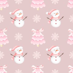 Christmas snowman. Watercolor festive seamless pattern for Christmas and New Year.Holiday illustration.Holiday packaging.Snowman decor.Print for gifts.