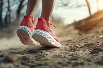 Naklejka premium Close-up of red running shoes on dirt. The photo is a great visual for showcasing the shoes' grip and performance on a trail.
