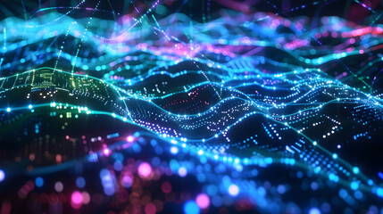 Abstract AI neural network with dense illuminated nodes and dynamic flowing pathways