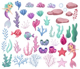 Watercolor Illustration set of cute mermaid and elements.