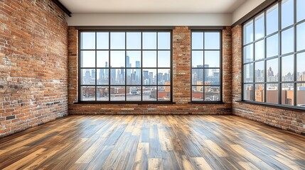 Spacious industrial room with large windows and exposed brick walls.