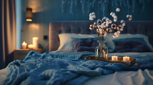 A stylish, modern bedroom with navy blue walls and a gray fabric headboard, featuring a plush bed layered with a deep blue blanket, a bedside table with a vase of cotton flowers, and candles 