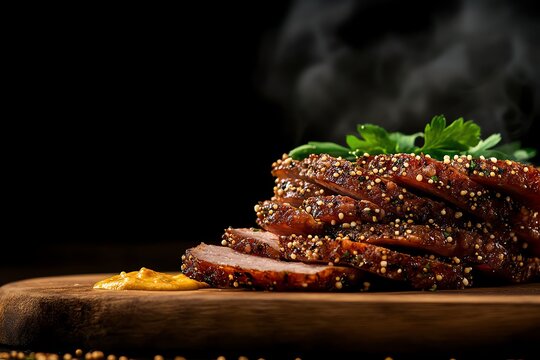 Simple yet delicious plate of Kyrgyz chuchuk horse sausage, sliced and served with mustard and rustic bread, sausage, unique delicacy