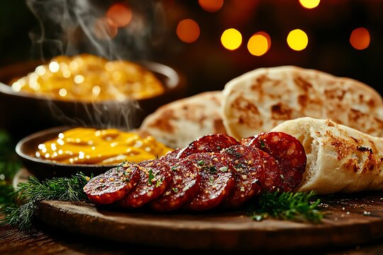 Simple yet delicious plate of Kyrgyz chuchuk horse sausage, sliced and served with mustard and rustic bread, sausage, unique delicacy