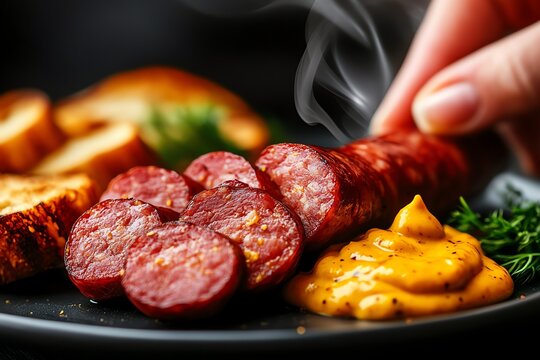 Simple yet delicious plate of Kyrgyz chuchuk horse sausage, sliced and served with mustard and rustic bread, sausage, unique delicacy