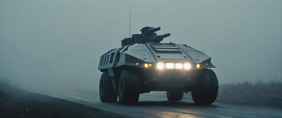 A futuristic armored vehicle with bright headlights piercing through a dense fog