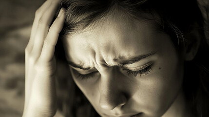 Individual pressing head pained expression