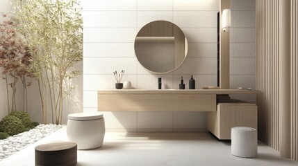 A serene Japandi bathroom with a minimalist wooden vanity