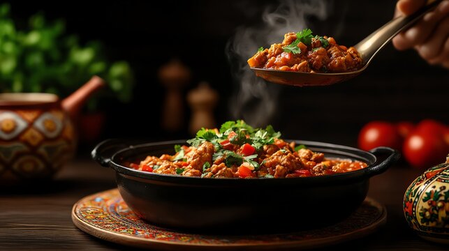 Traditional Turkmen gutap stuffed with spiced meat, captured in a warm, rustic kitchen with colorful fabrics and pottery, Turkmen cuisine, homemade specialty
