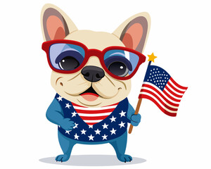 Patriotic Bulldog Wearing American Flag Sunglasses with Mini USA Flag – Perfect for 4th of July Celebrations. independence day. US elections