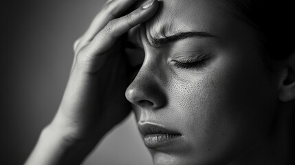 Individual pressing head pained expression