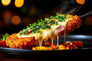 Uruguayan milanesa a la napolitana breaded beef with ham, cheese, and tomato sauce, cozy local diner setting
