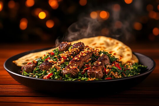 Uyghur lamb kebabs with cumin and chili flakes, served hot off the grill with naan bread and a vibrant herb salad, Uyghur kebabs, rustic outdoor setting