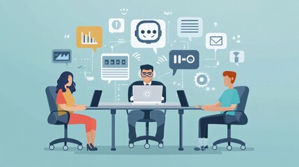AI-driven communication tools streamlining workplace collaboration and customer service interactions. Illustrations