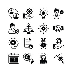 This vibrant icon set illustrates various aspects of business management,