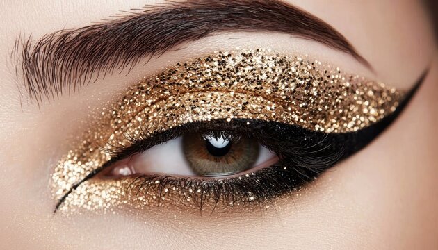 Gold glitter makeup for a bold statement look, ultra-glossy finish, artistic fashion concept