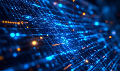An abstract, tech-inspired visualization of a dark interface with light blue digital encryption codes moving across a cybersecurity firewall