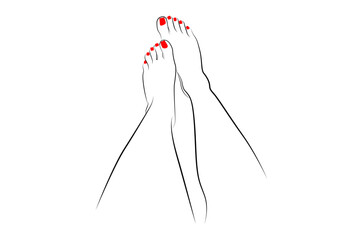 Beautiful woman feet with red nails line art isolated on white background - vector illustration