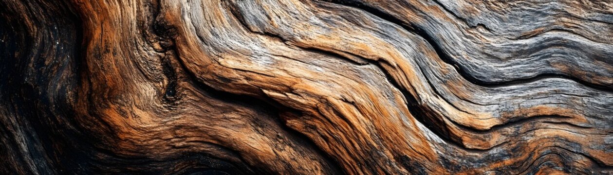 Close-up of a weathered and twisted piece of wood with intricate grain patterns.