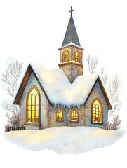 charming watercolor style traditional church covered in snow, with warm lights glowing from windows, surrounded by winter trees. scene evokes peaceful, festive atmosphere